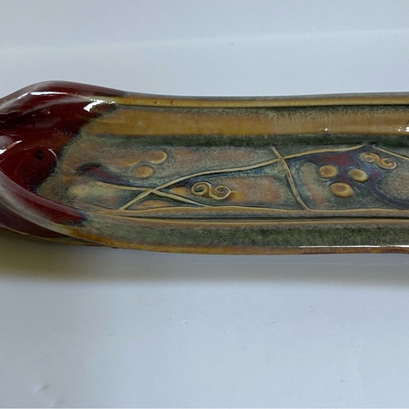 Pottery Spoon Rest Hand Made Glazed Beige red Signed 9” long Kitchen Cooking - Picture 7 of 16
